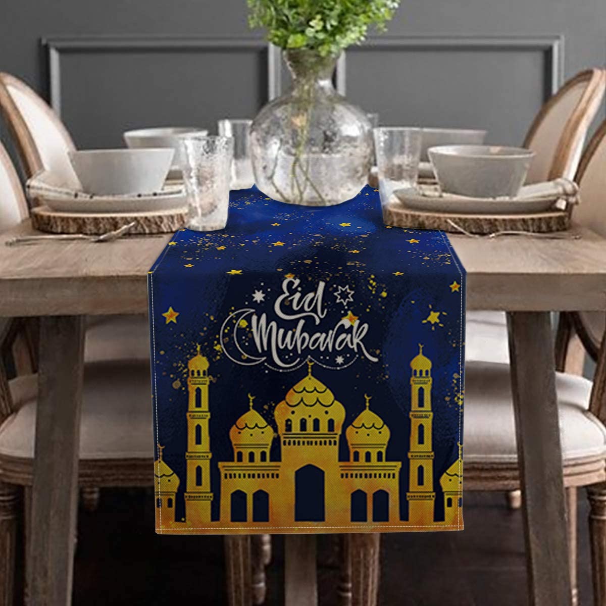 Eid Mubarak Золотая Звезда Луна настольная дорожка для украшения стола Рамадан 13x72 дюйма