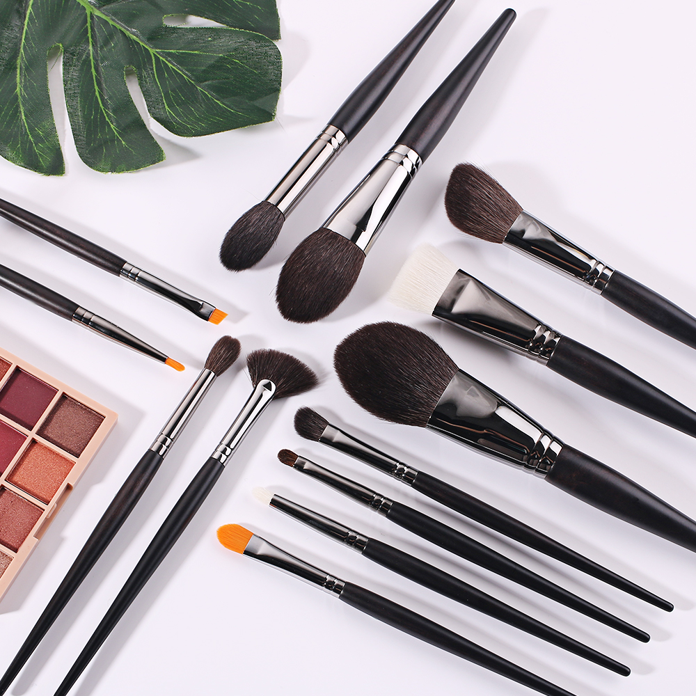 BEILI Natural Black color wood handle makeup brush set 13pc Powder Foundation Goat Pony Synthetic hair private label