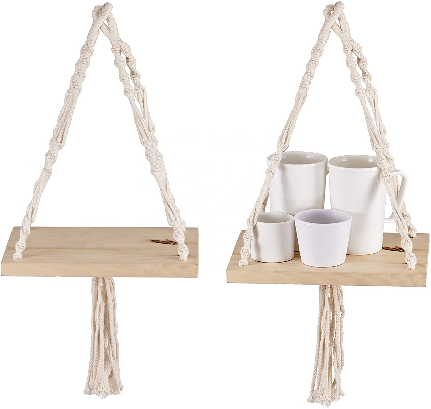 Set of 3 Rustic Wood Wooden Rope Hanging Floating Shelves