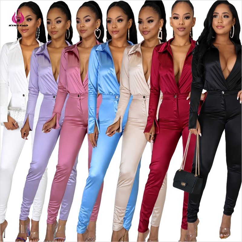 KG2407 Best Design Turndown Collar Blouse Pencil Trouser Solid Casual Fall Women Two Piece Sets