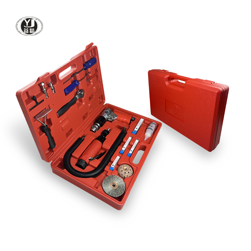 Portable automotive tire repair pneumatic tool set includes 18 set