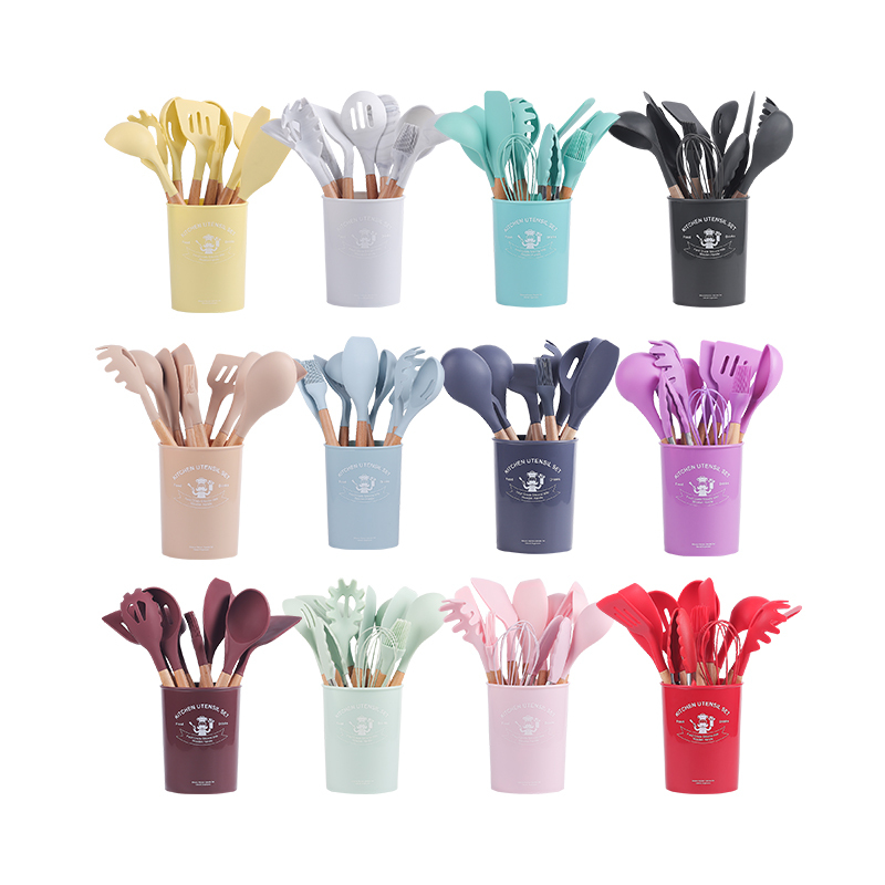 Handles Utensil Set 12pcs Spatula Utensils Kitchen Set Kitchen Cookware Cooking Wooden Factory Wholesale Heat Resistant Silicone