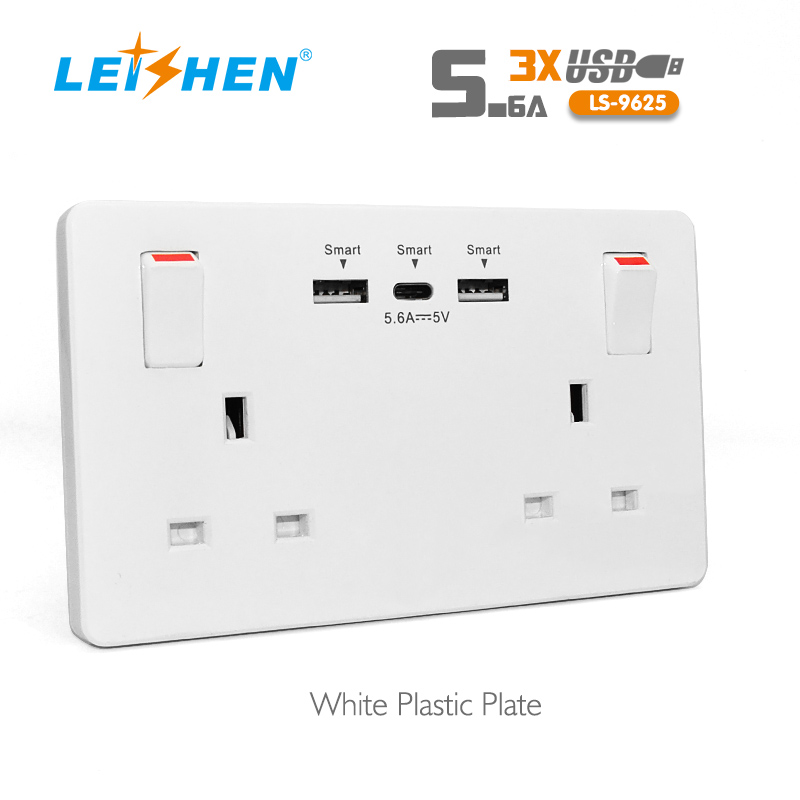 220V 240V 13A K Smart USB Double 2 Way Gang Wall Socket With USB type C Charger Ports