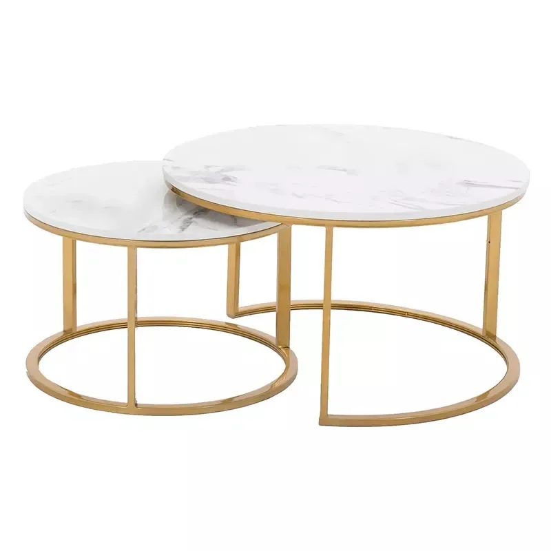Contemporary Round Nesting Bent Black Gold Metal Side Glass Marble Stone mdf Wood Coffee Table Nest of 3 Table Set Nesting Table