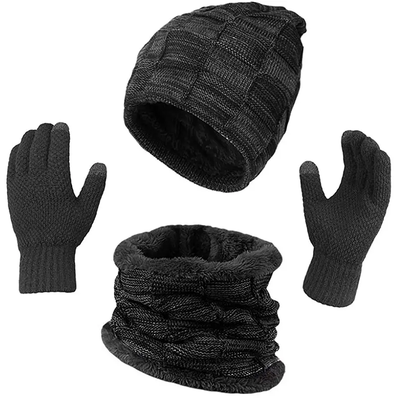 Men Women Winter Warm Knitted Scarf Gift Beanie Hat Gloves Set