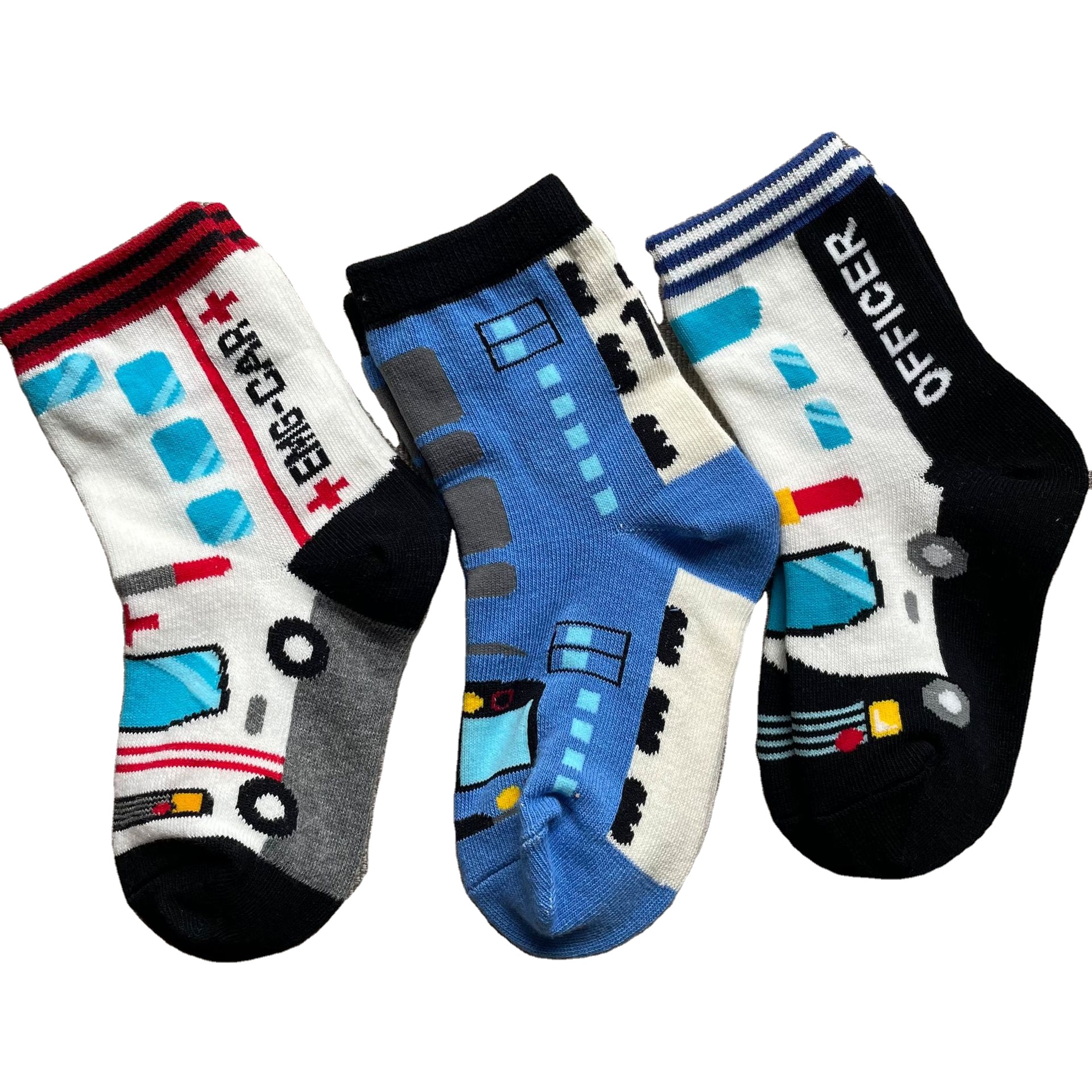 Autumn winter wholesale crew mid combed cotton cartoon ambulance world car toddlers boy's socks for kids