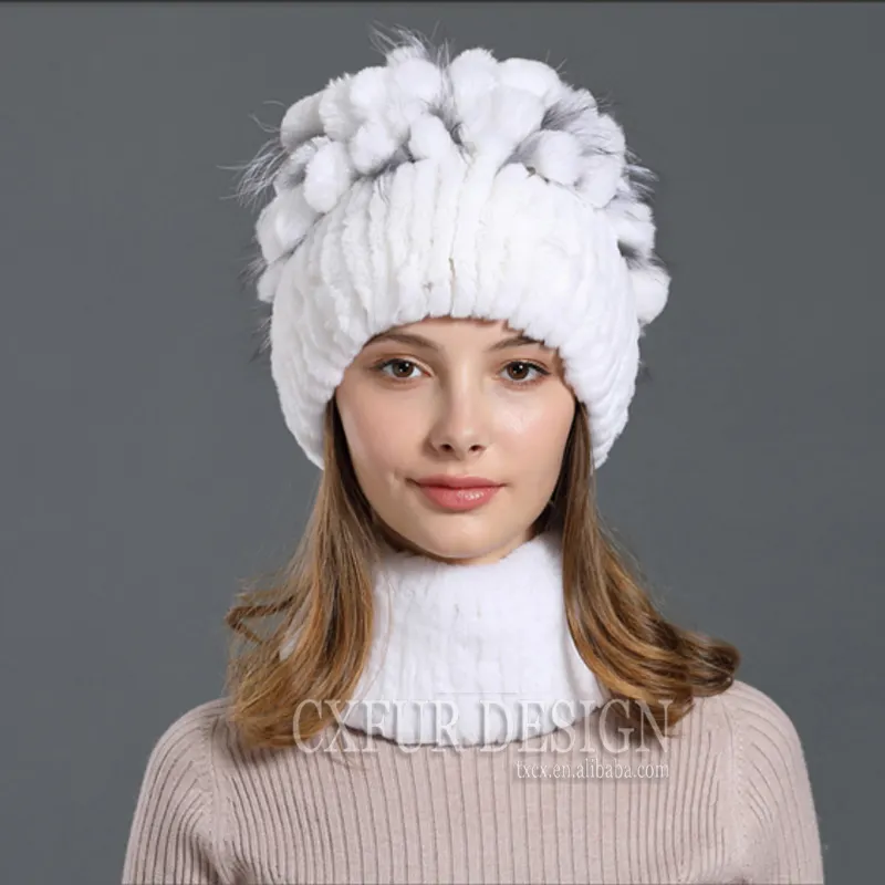 CX-C-171H Ladies Outwear Warm Beanie Hats Genuine Rex Rabbit Fur Hat and Scarf Set for Winter