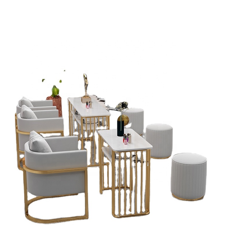 cheap luxury marble beauty nail desk and chair set wrought iron barber table and chair mirror