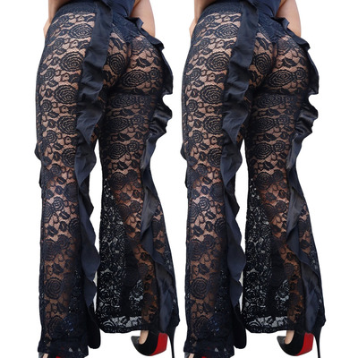 Newest Design Solid color Sexy lace 5XL Plus Size long pant summer transparent Hollow Out Ruffled temperament women pants