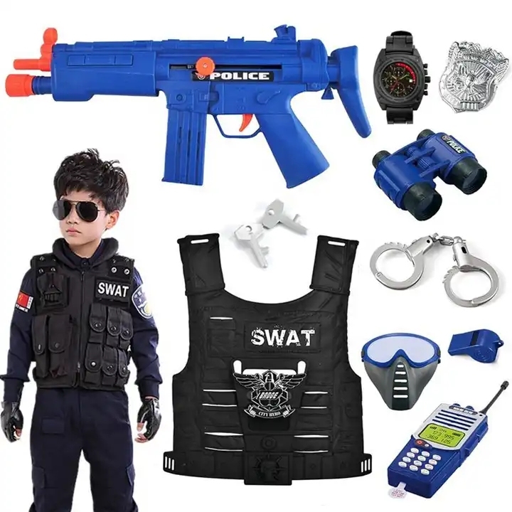 Funny Kids School Education Pretend Role Play Game Gun Watch Handcuff Jacket Police Station Equipment and Uniform Police Set Toy