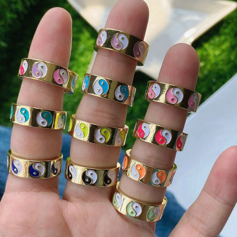 New Dainty Multicolor Enamel Oil Drop Chunky Gold Plated Yin Yang Taiqi Chi Adjustable Rings for Women Ladies