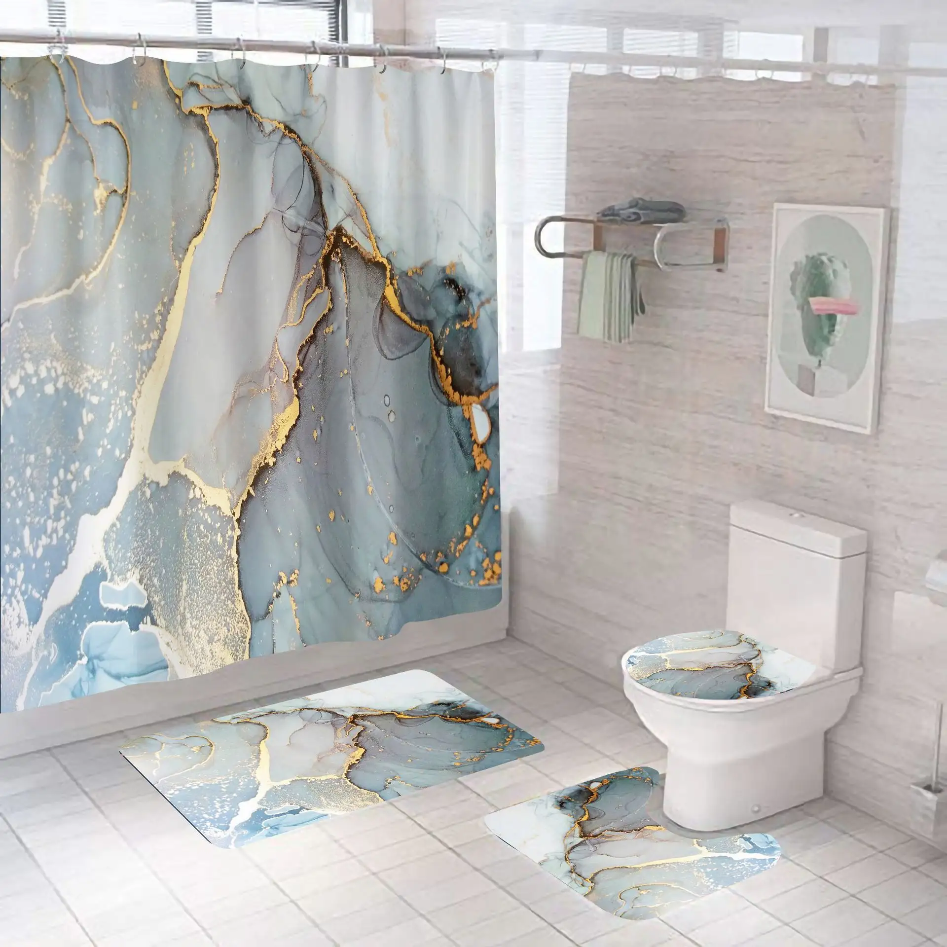 Custom Marble Design Digital Print Bathroom Sets Polyester Bathroom Sets Luxury Shower Curtain