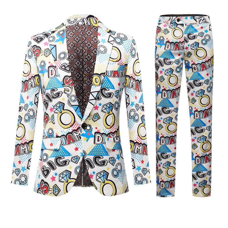 Personalized Style Printed Men's Suit Dress Slim Suit Set Two Piece