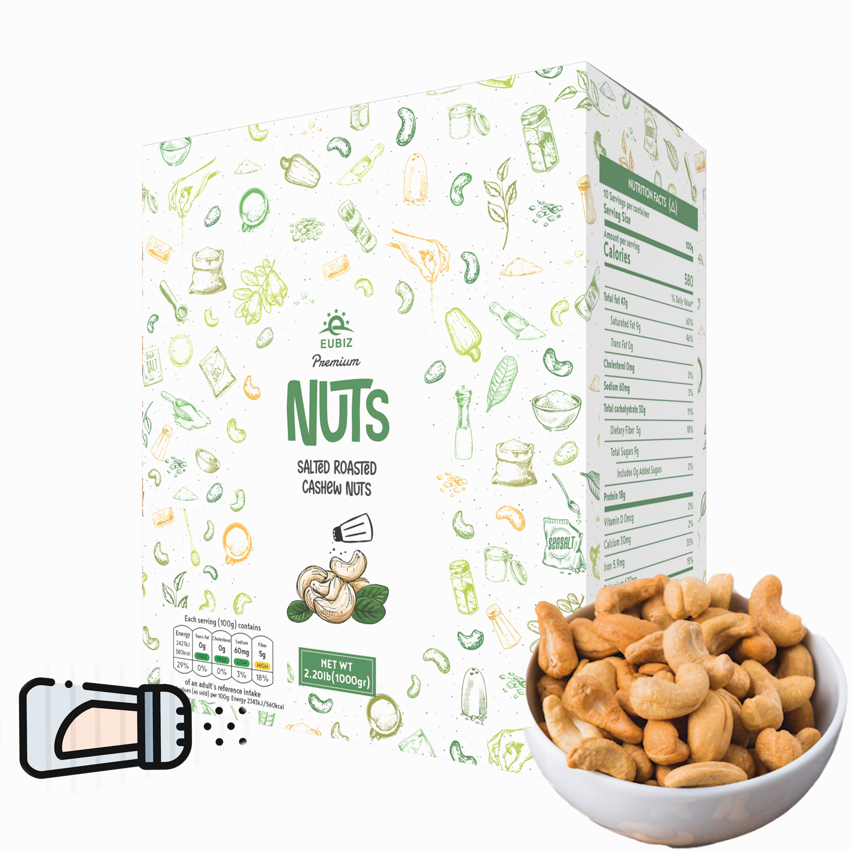 Whole Sale EUBIZ Cashew nuts Flavor Salted Roasted - High Quality Wholesale Cashew Nuts - Box (paper) 1000g (35.3 OZ) - VietNa