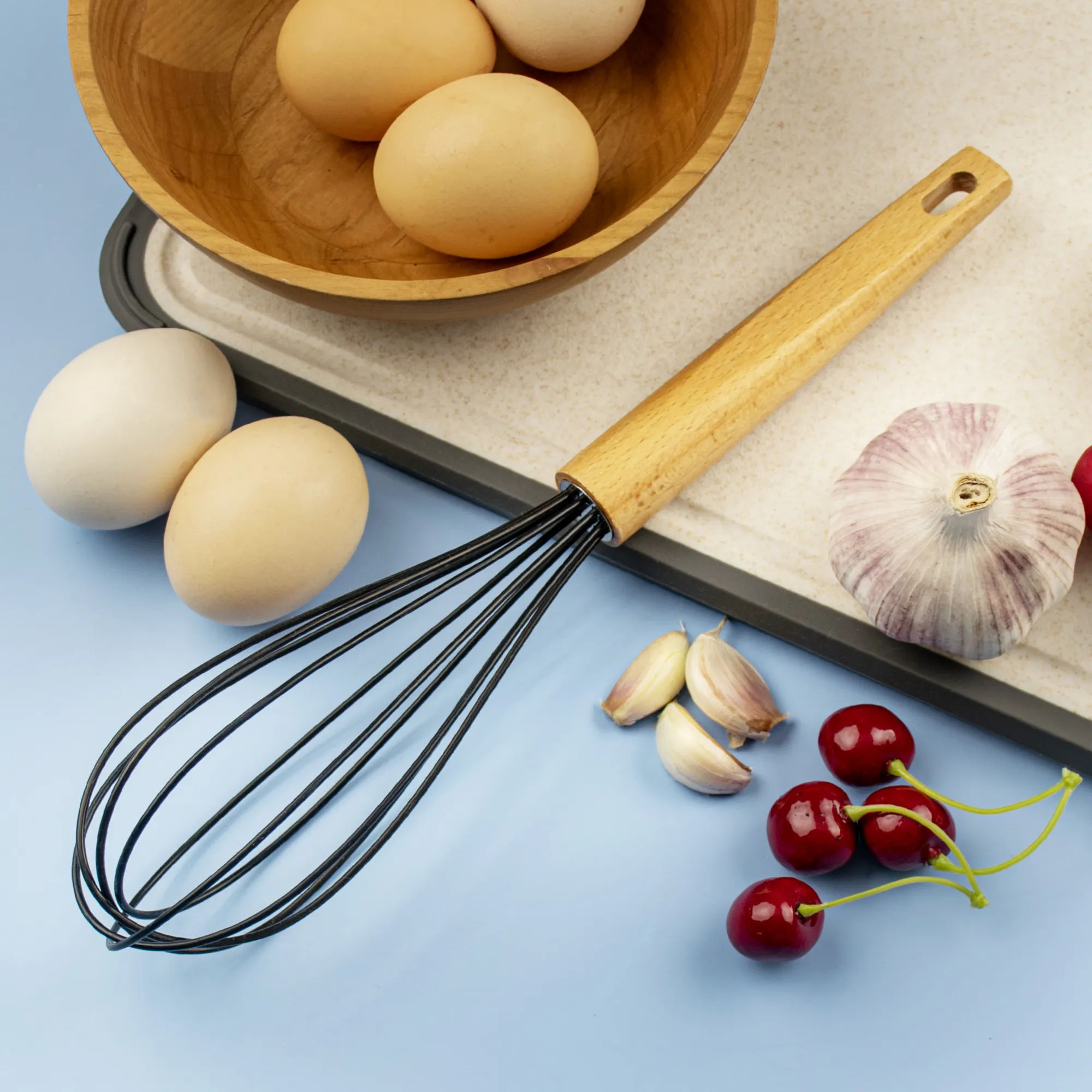 Wholesale premium quality durable kitchen tools stainless steel egg beater with wooden handle