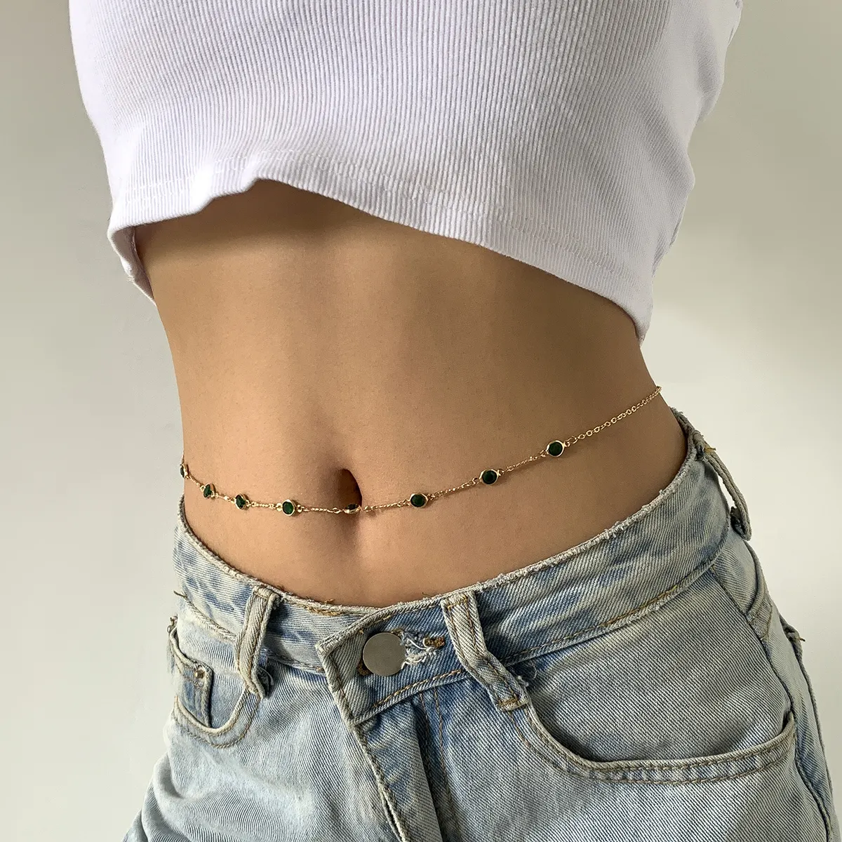 SHIXIN New Popular Green Rhinestone Beaded Waist Chain Retro Shiny Crystal Link Belly Chain Wholesale Body Chain for Women