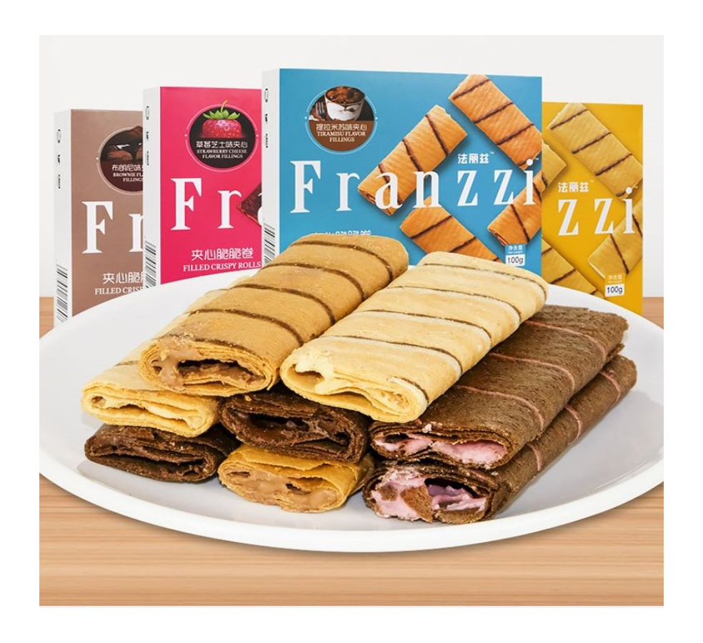 Sunssi Hot Selling Product 100G Franzzi Crispy Rolls Healthy Wafer Soy Milk Strawberry Cheese As Leisure Snakes