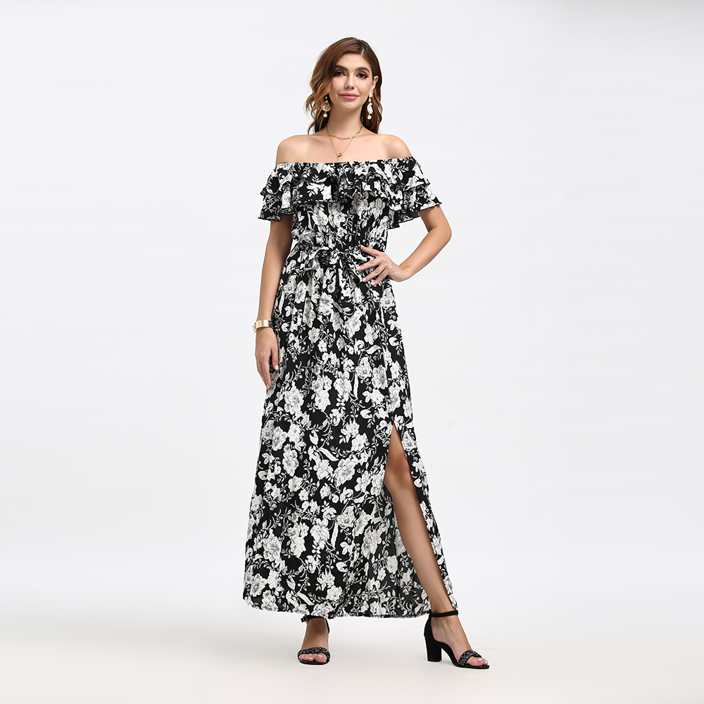 Wholesale Women Floral Print Strapless Dress Draped Collar Open Fork Skirt Ladies Elegant Party Dress Daily Wear