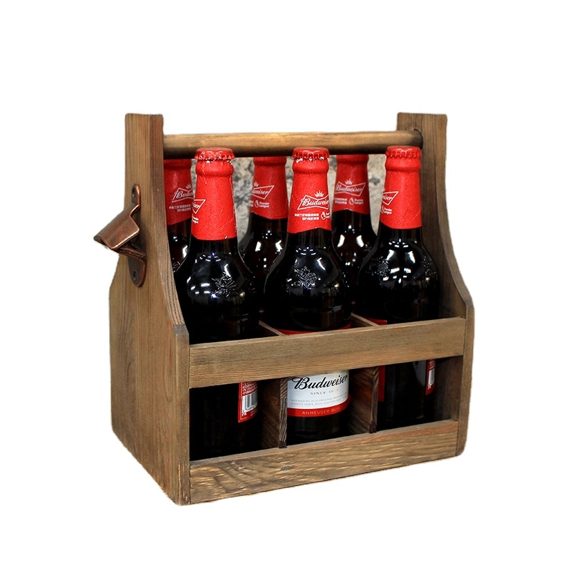 Pan party use Handmade Rustic beer basket with opener Wooden 6 pack beer bottle holder / caddy wine beer carrier