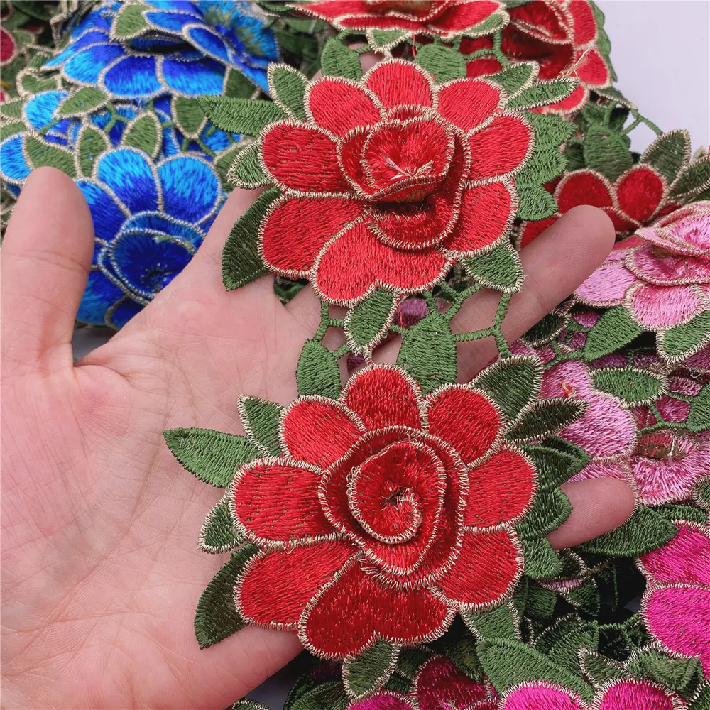 Wholesale New 3D Africa Embroidered fabric flowers Applique Lace Trim in stock