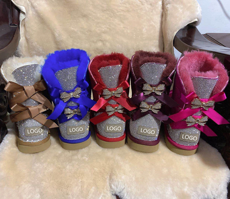 Hot Sell Winter Anti Slip Warm Australian Bow Ribbon Shoes Leather Snow Uggh Boots For Women And Kids