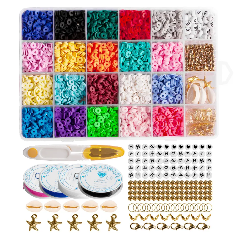 4000 Pcs Round Polymer Clay Beads 6mm 20 Color Flat Clay Beads Pendant Charms Kit Elastic Strings Set Box for DIY Jewelry Making