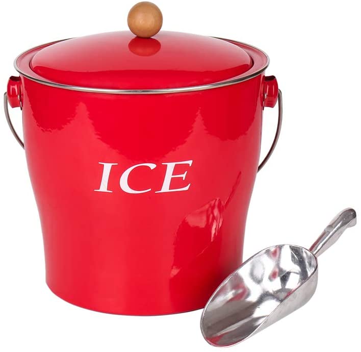 Vintage Red 4L Metal Double Walled Ice Bucket Set For Home Kitchen Gifts With Lid wooden Handle And Scoop