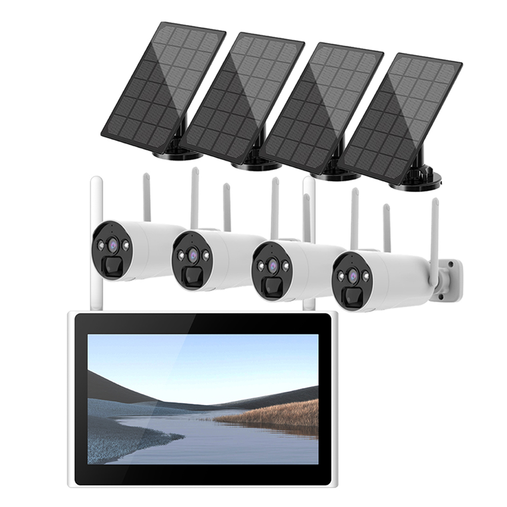 4-канальная Wi-Fi камера NVR Kit, 10,1 дюймовый монитор, солнечная батарея, двусторонняя аудиосвязь, 4 МП, беспроводная система домашней безопасности