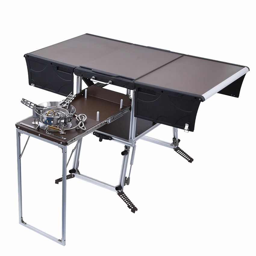 Portable camp kitchen box aluminum kitchen countertops BBQ outdoor foldable table cookware tables set