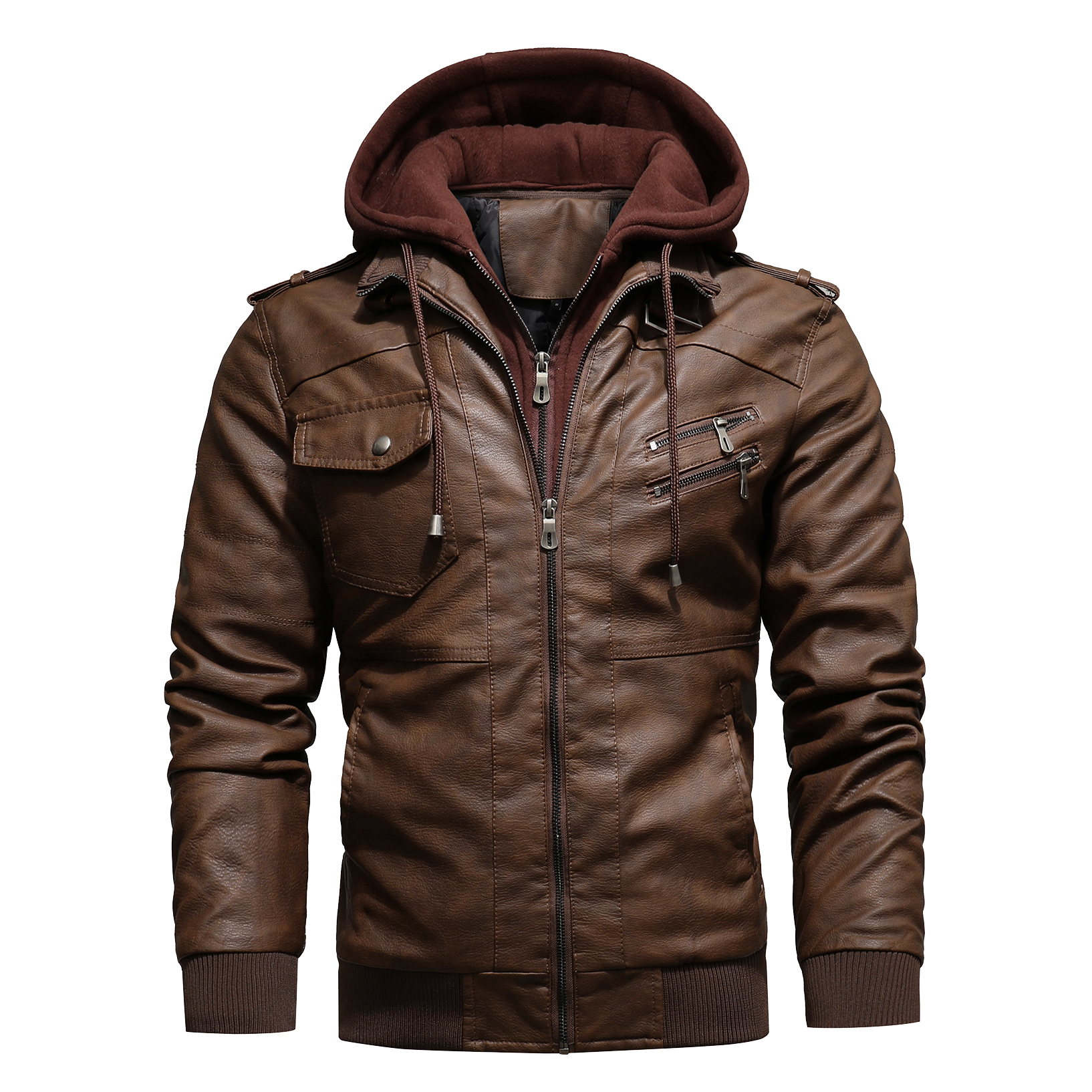 Wholesale Fashion Autumn Casual Racer Motorcycle Hooded Coat With Removable Hood Coat Leather Product Men's Jackets