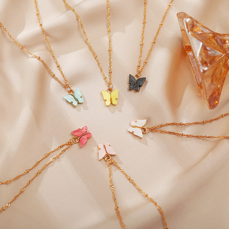 Direct Deal Gold Plated Choker Necklace Acrylic Colorful Butterfly Pendant Necklace For Girlfriend