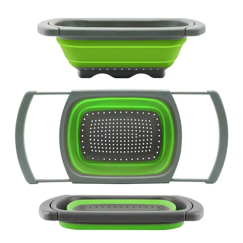 Over the sink kitchen plastic foldable collapsible silicone Colander strainer drain basket with extendable handles