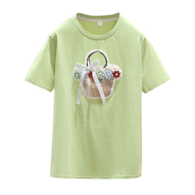 Cotton Plus Size Korean Summer Fashionable Patchwork Beading Crew Neck Bow Floral Decorate Short Sleeve T Shirt For Women