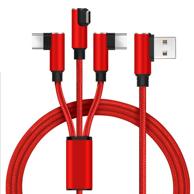 Прочный 90 градусов 2.4A мульти-разъем 3 в 1 Usb Micro Type C Быстрый зарядный кабель для мобильного телефона