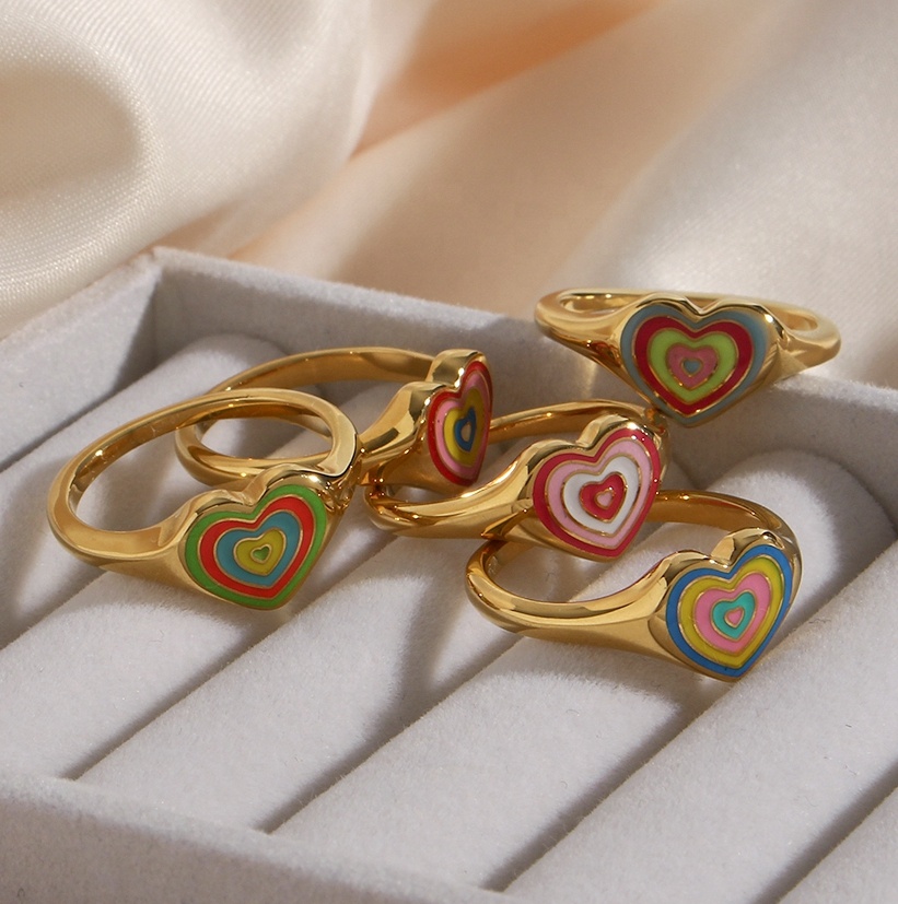 Summer Mixed & Matching Rings Stainless Steel Colorful Enamel Heart Rings For Girls