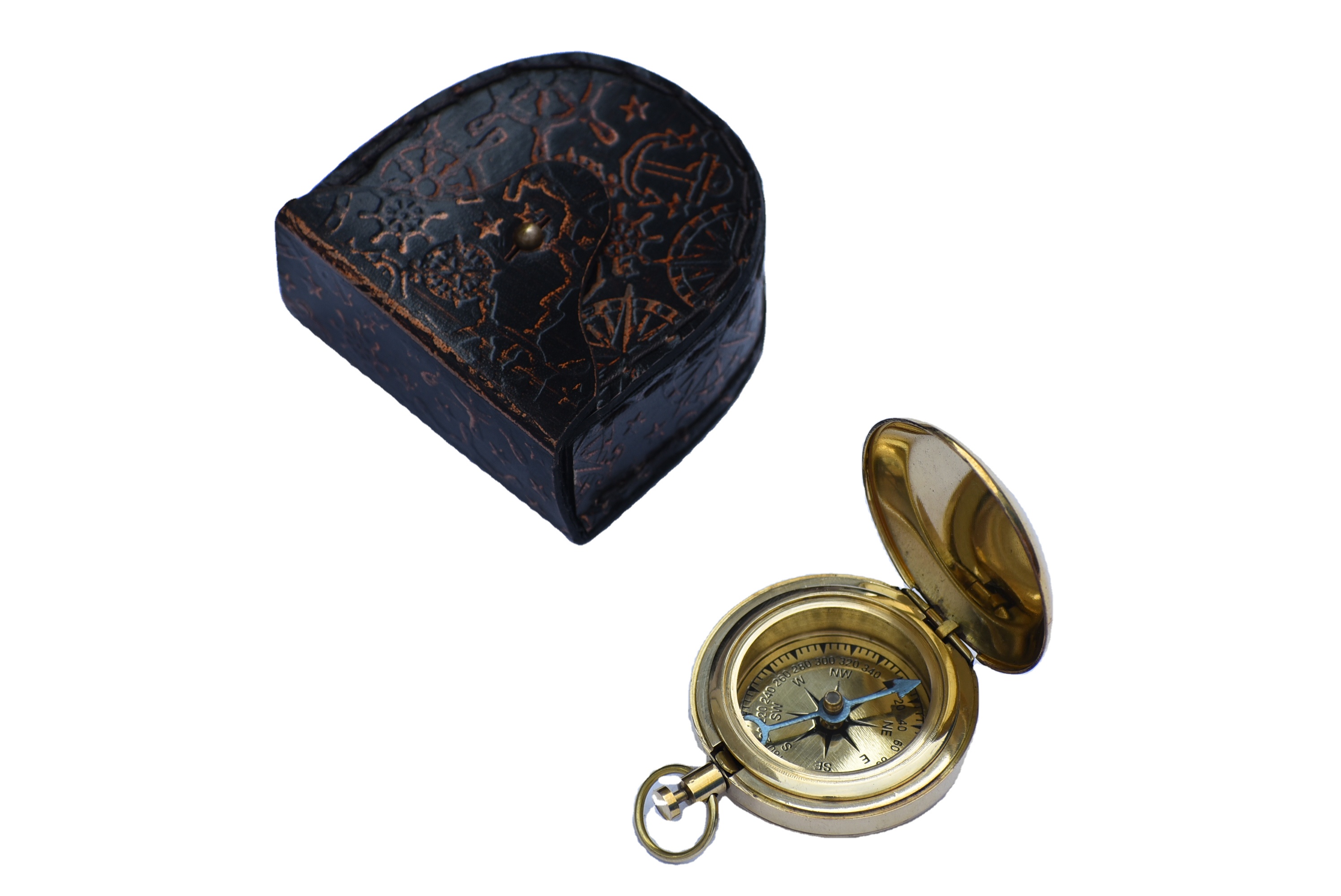 Vintage Style Brass Pocket Compass Push button Flat Compass w/Lid - Gray -Leather Box Brass Polished Gift Item