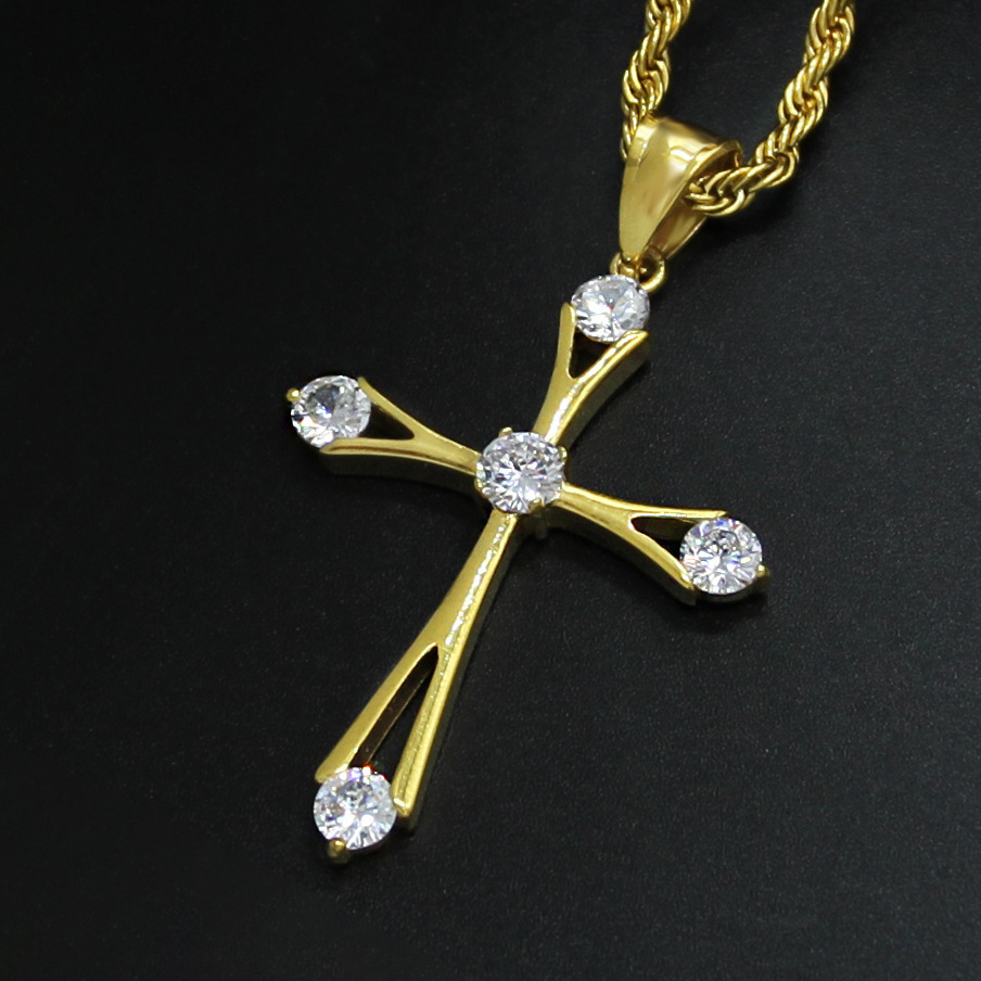 Christian Jewelry Gold Plating Micro Pave Zircon Cross Necklace Stainless Steel Zircon Cross Pendant Necklace