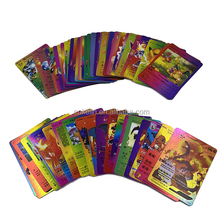 55 Sheets Anime Poke-mon Pikachu Game Booster Box Tcg Flash Card Plastic Full Color Rainbow Gold Foil Plated Cards
