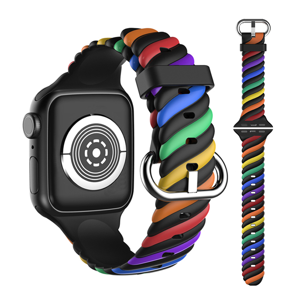 New Woven Texture Rubber Strap For iWatch 7, Rainbow Liquid Printing Sport Silicone Watch Band For Apple 38/40/41mm 42/44/45mm
