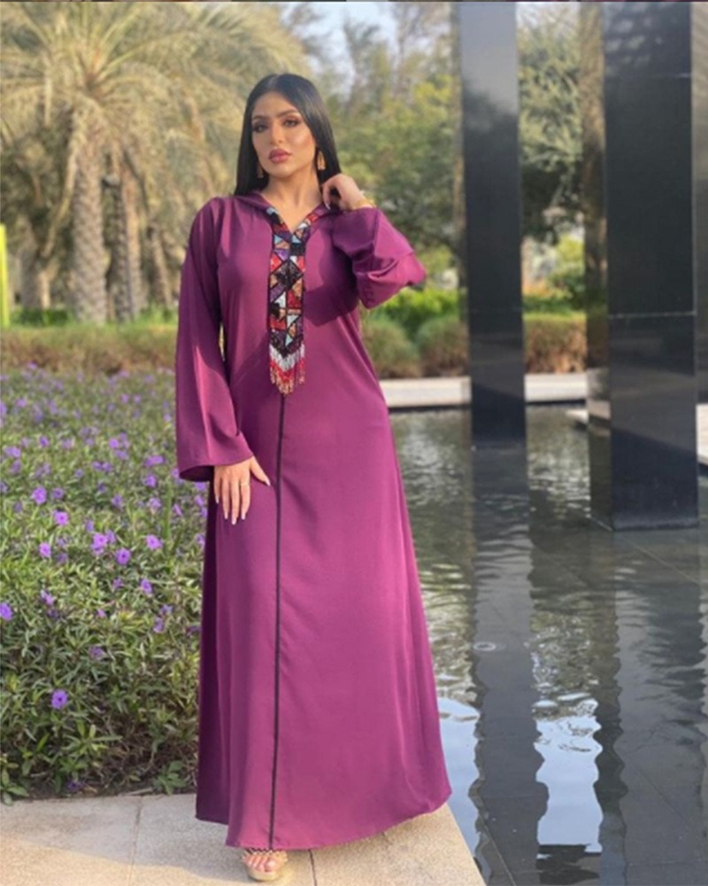 Arabian hooded purple diamond-fringed tassels dress Comfortable soft fabric muslim dress women islamic clothing robe