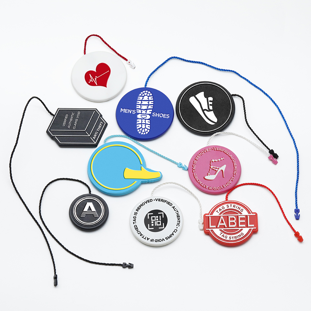 Custom 3d Embossed Brand Name Logo Sneaker Lockable Round Plastic Seal Hangtag Shoes Watch Hang Tag For Cloth Shoes Bottle