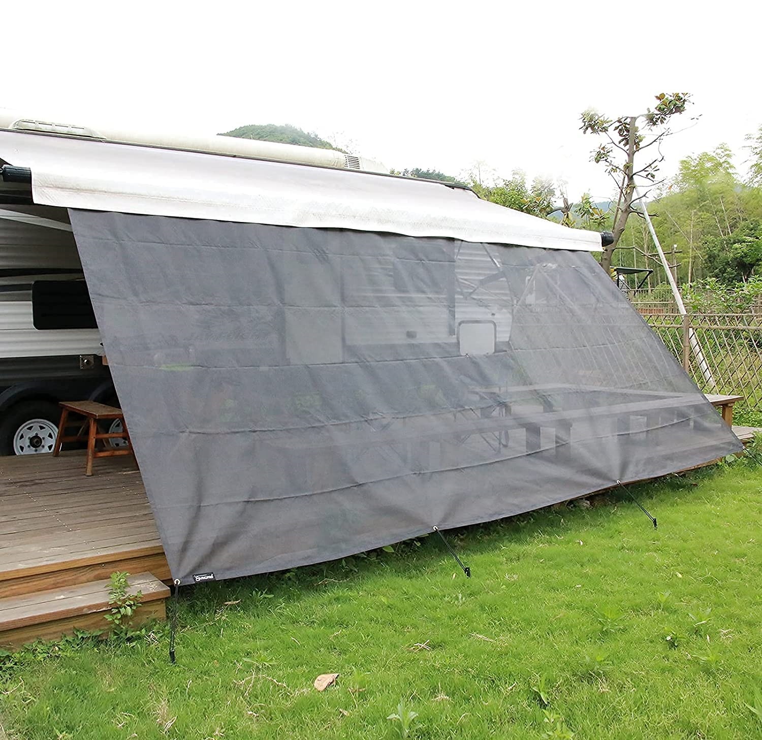 J502 RV Awning Sun Shade 8' X 15'3'' Black Mesh Sunshade UV Blocker Complete Kits for RV