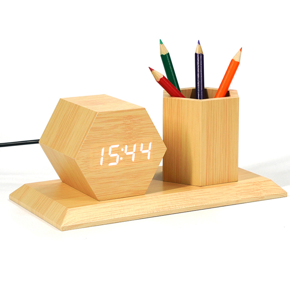 KH-WC077 Office Multifunctional Electronic Digital Temperature Display Desk Desktop Wooden Pen Holder with LED Alarm Clock