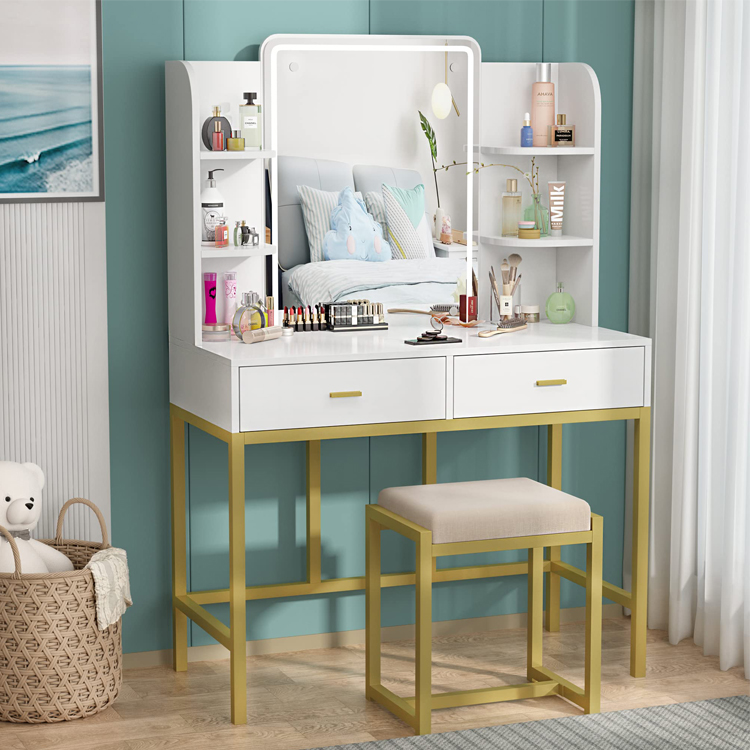 Bedroom Led Mirror Touch Screen Wood Dresser Desk Side Table 2 Drawer Dressing Makeup Vanity Table Set with Stool