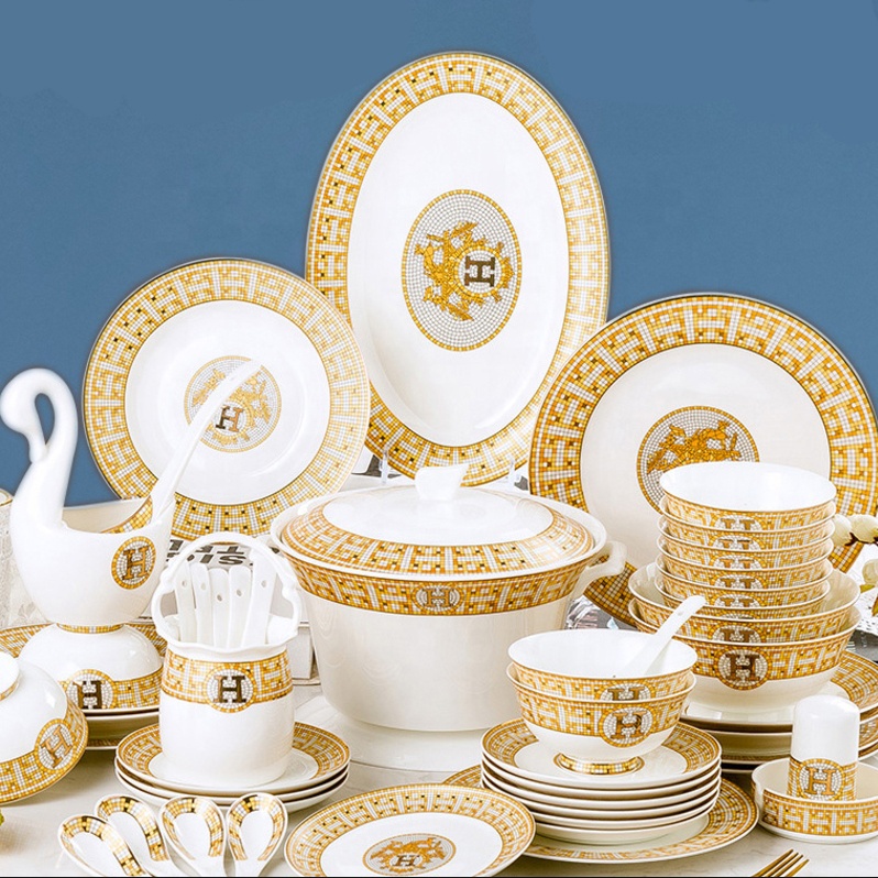 Wholesale 60pcs Bone China Tableware Set Bowls and Dishes H Mosaic European Style Gold Edge Dinnerware Home Gifts Set