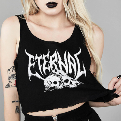 2021 y2k Crop Top Gothic Skull Graphic Embroidery Black Camis Sexy Mesh Patchwork Crop Top Women Sleeveless Clubwear Tank Top