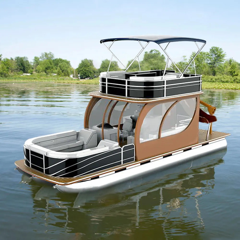 Discount 25~30FT Luxury Double Decker Aluminum Fishing Pontoon Boats Catamaran Yacht with Outboard Motor For Sale