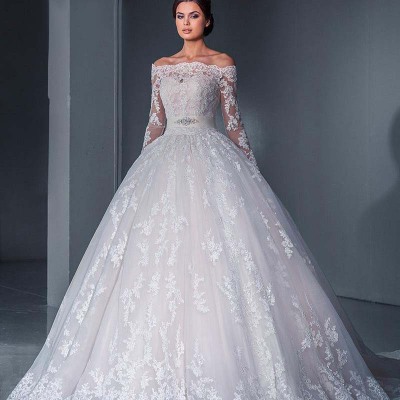 Pakaian pengantinбыл Vestido de novia Vestito da sposa кружева га pengantinбыл Белый с длинным рукавом свадебное платье со шлейфом и бальное платье