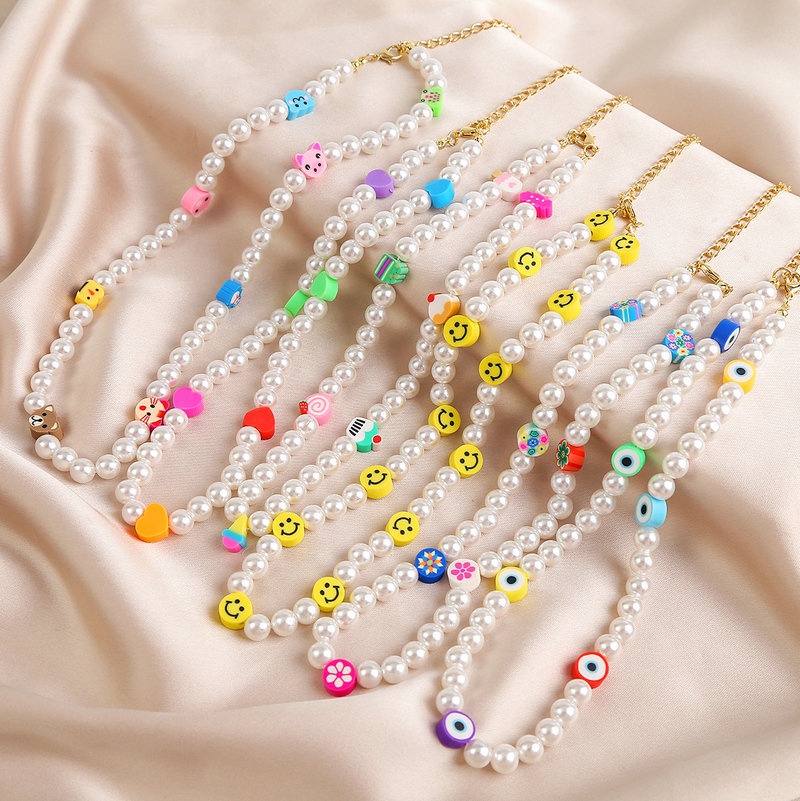Ins Trendy Boho Colorful Flower Polymer Clay Pearl Beads Smiley Face Necklace Handmade