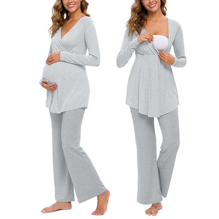 2021 new fashion solid color patchwork mother long sleeve + pants pregnant women nursing pajamas set
